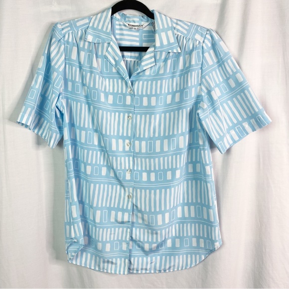 Vintage Pastel Blue & White Short Sleeve Button Up Top Med - Picture 1 of 5